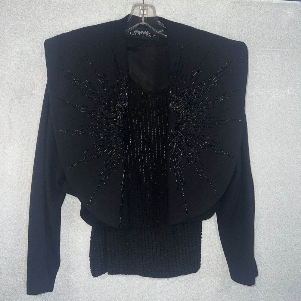 Linda Allard Ellen Tracy Black Wool Beaded Jacket  Silk Beaded Tank Vintage Sz 8